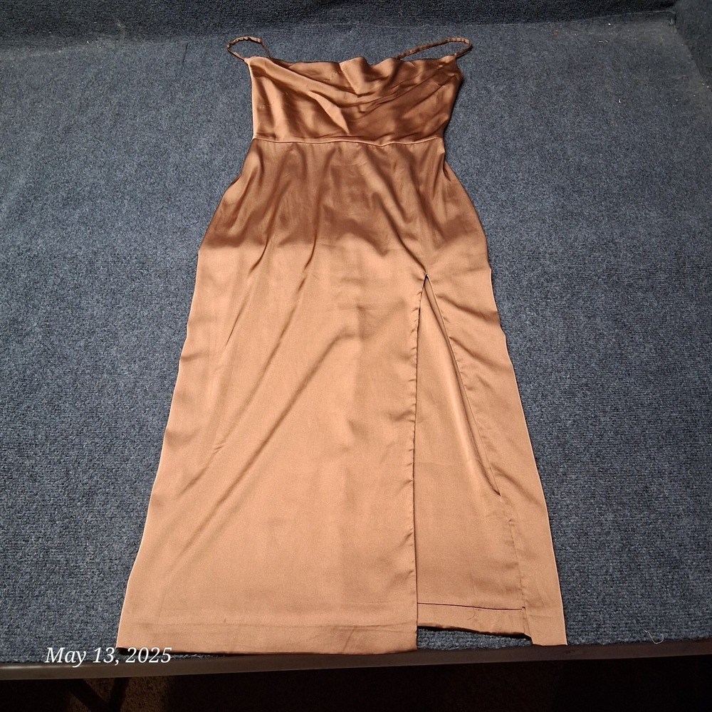 Fashion Nova Satin Midi Dress Bronze Women Sz Large With Leg‎ Slit
